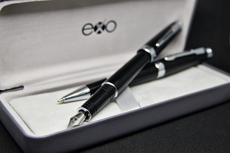 EXO Sagitta fountain pen and ballpoint pen set, black, chrome finish