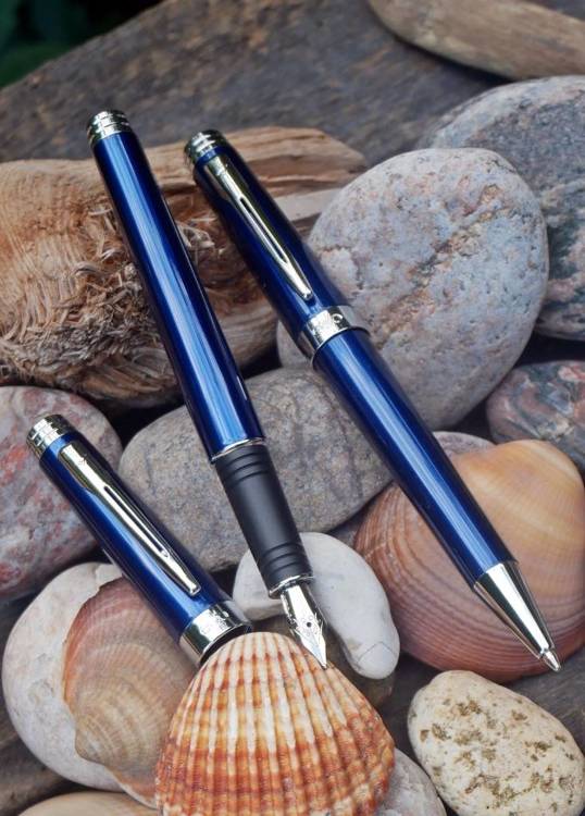 Zestaw (pióro wieczne i długopis) EXO Sagitta, niebieski, wykończenia chromowane